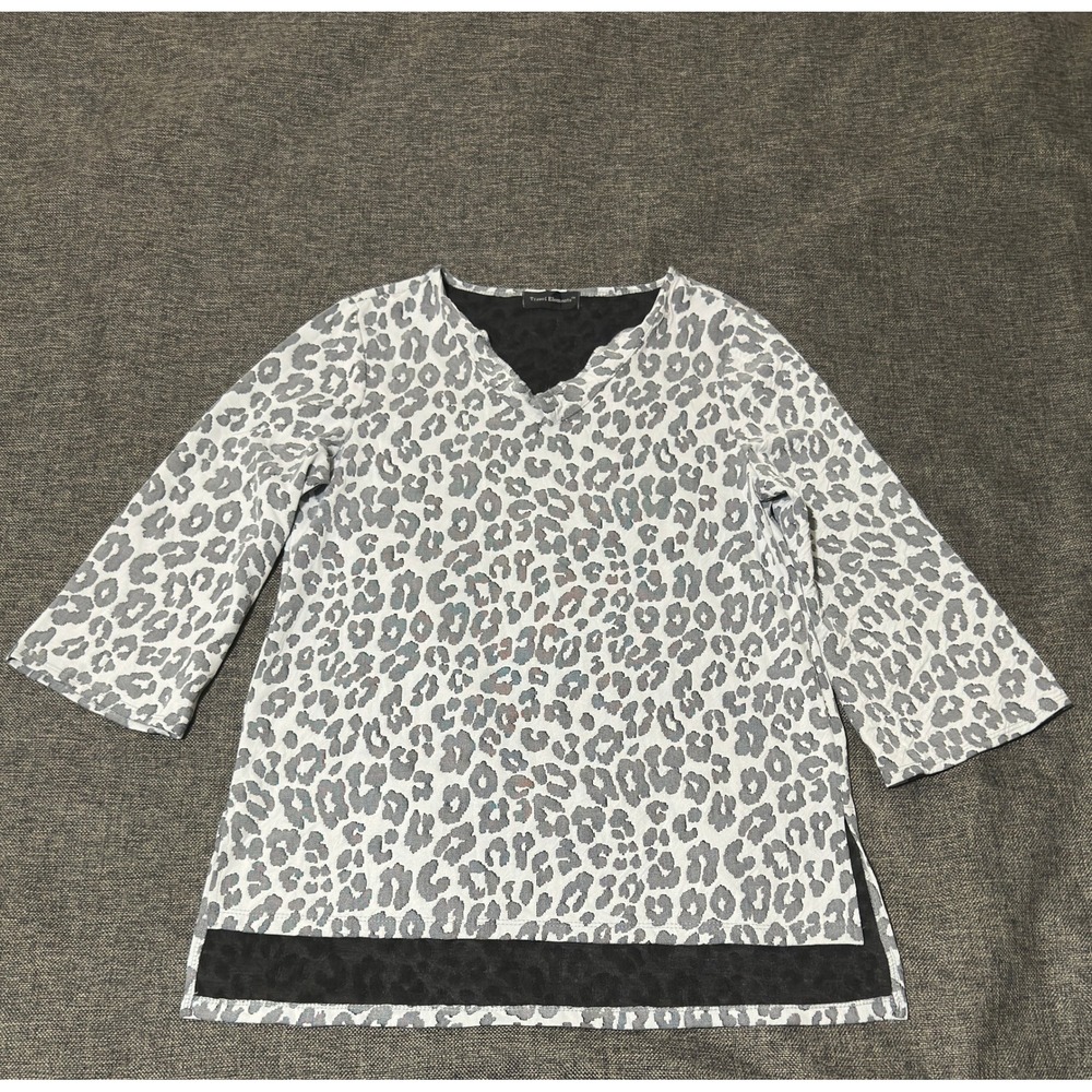 Travel Elements Womens M Tunic Top Gray Leopard Print V-Neck 3/4 Sleeve